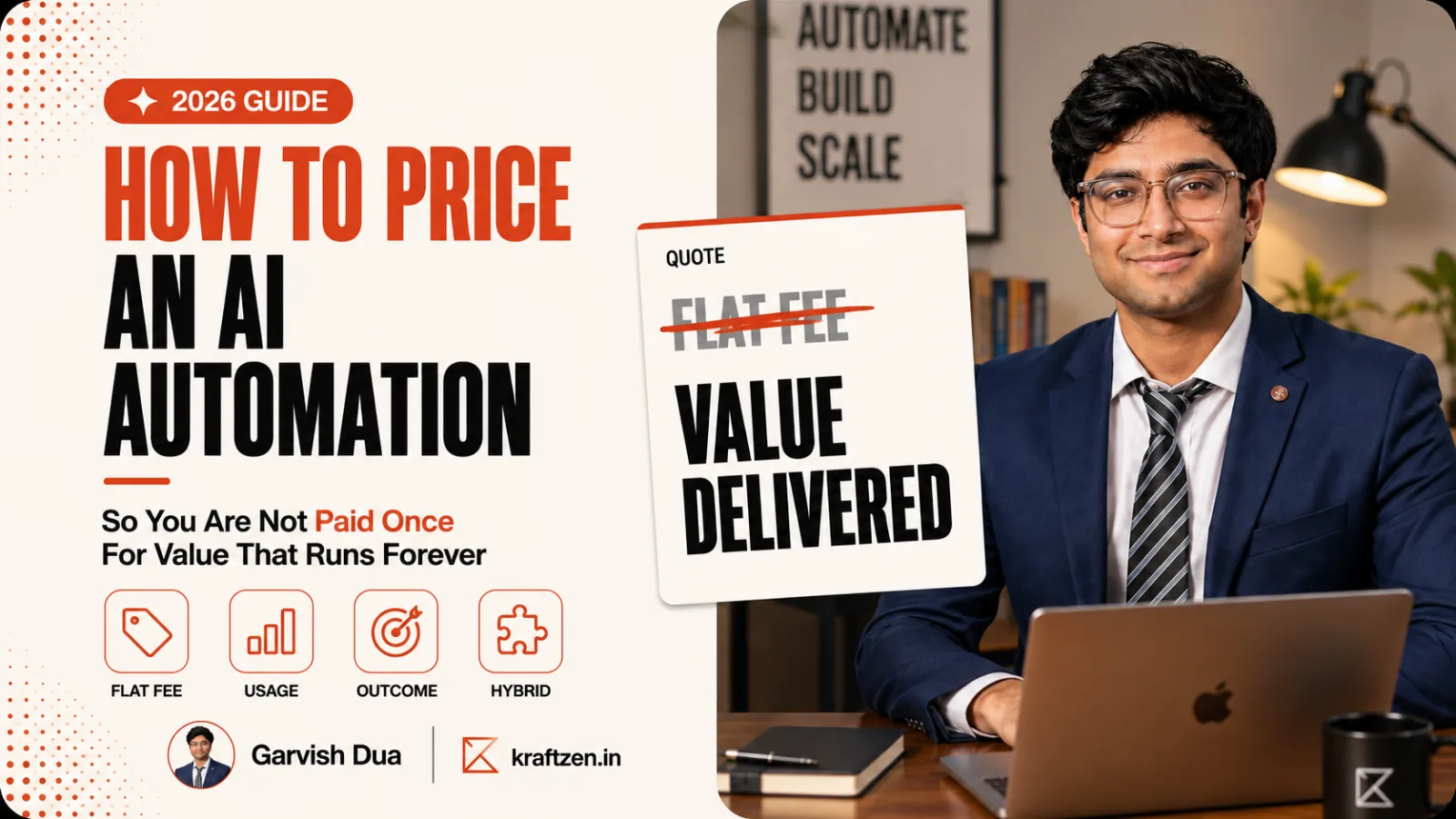 Blog cover reading "How to price an AI automation", with a quote document showing a struck-through flat fee